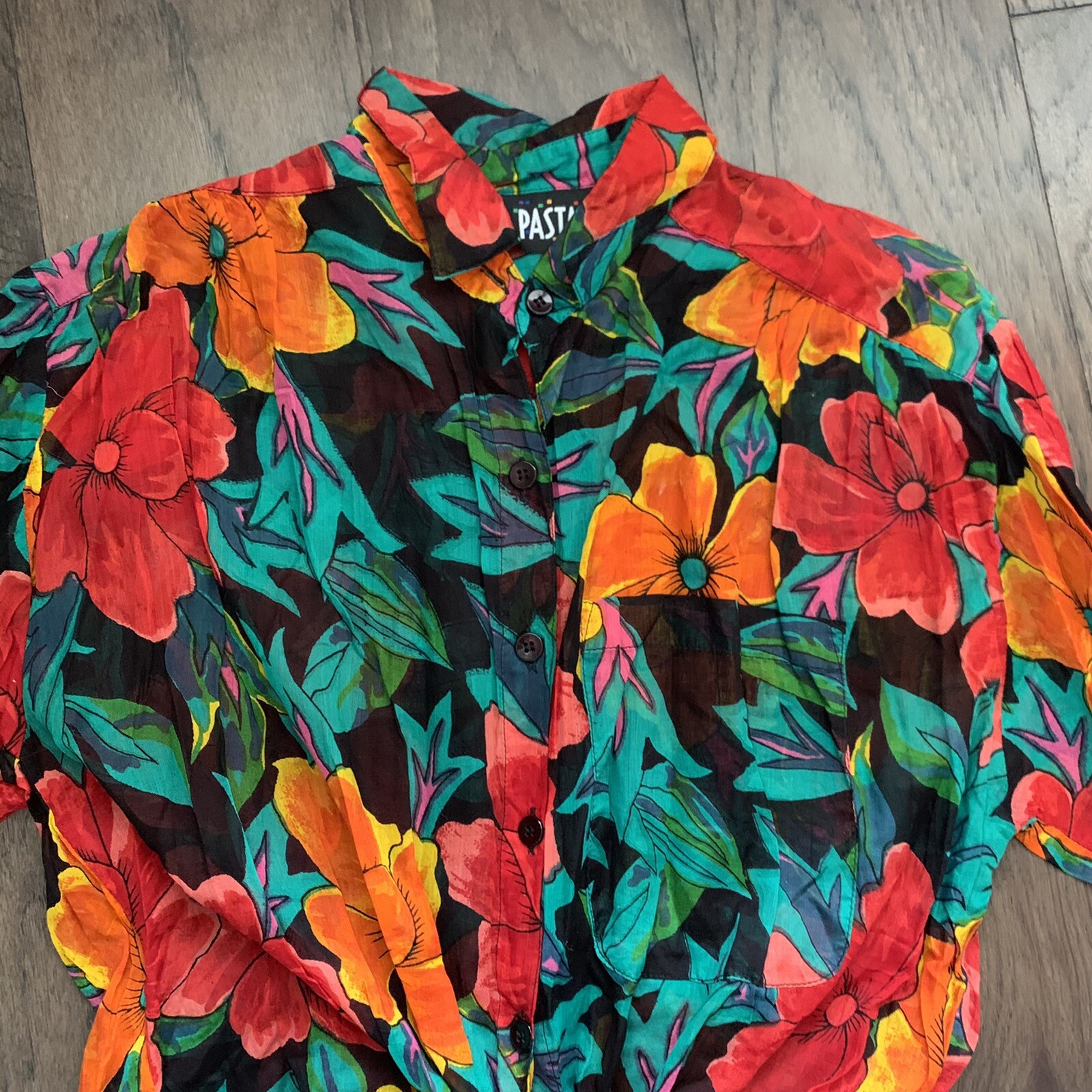 VTG 90s Bright Loud Floral Tropical Button Up Shirt Semi Sheer Blouse Womens S