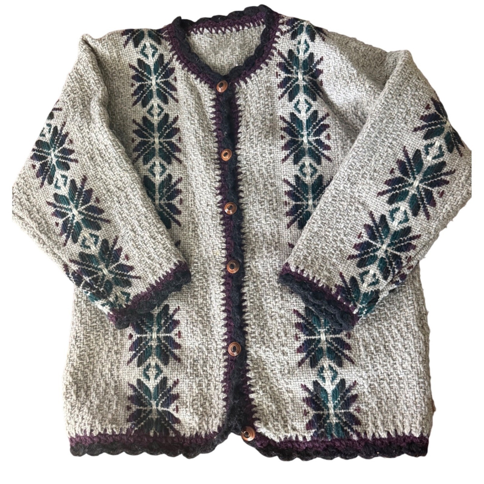 Vintage Handmade Snowflake Knit Cardigan Crochet Sweater cottagecore boho granny
