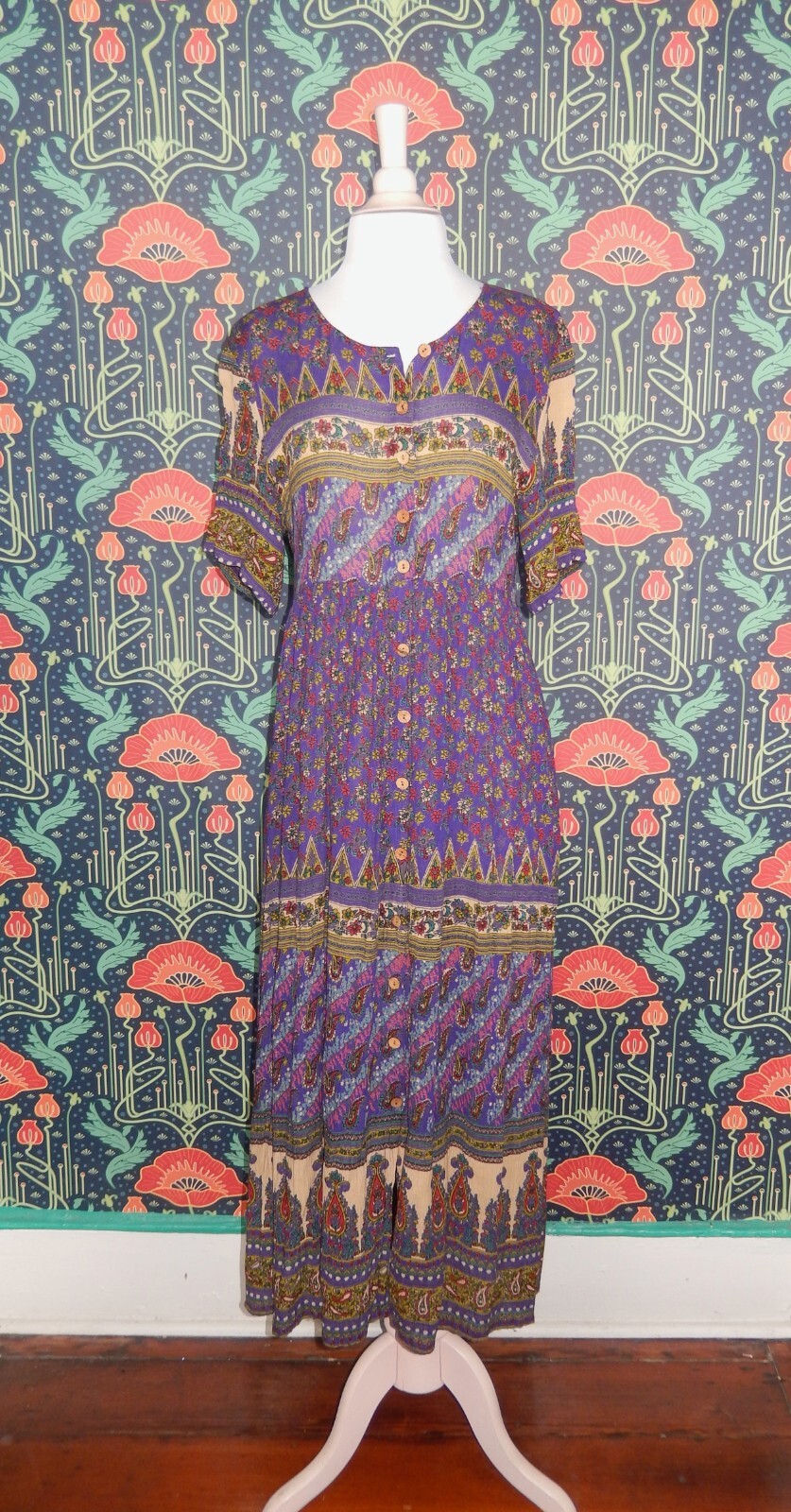 Vintage 90’s Y2K Purple Boho Hippie Border Print Indian Maxi Flowy Dress