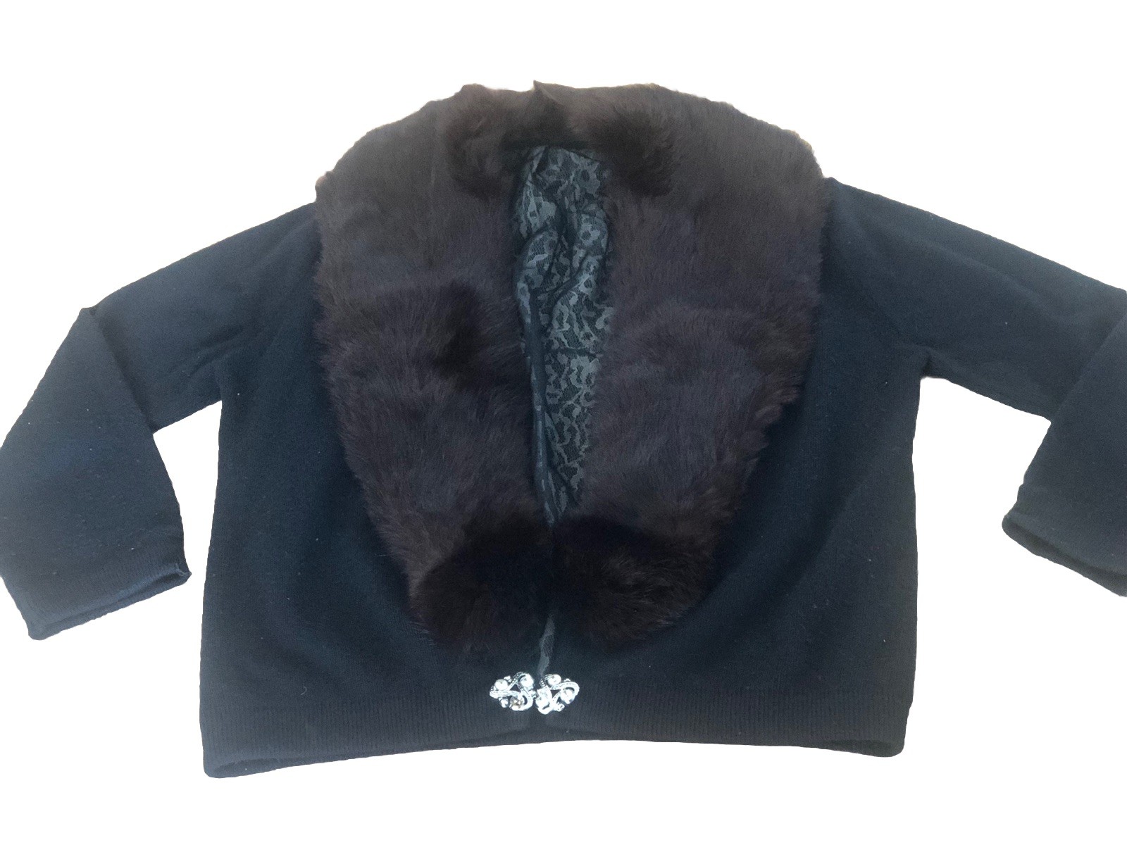 60s VTG Wool Cardigan w Black FUR COLLAR and Rhinestone Clasp
