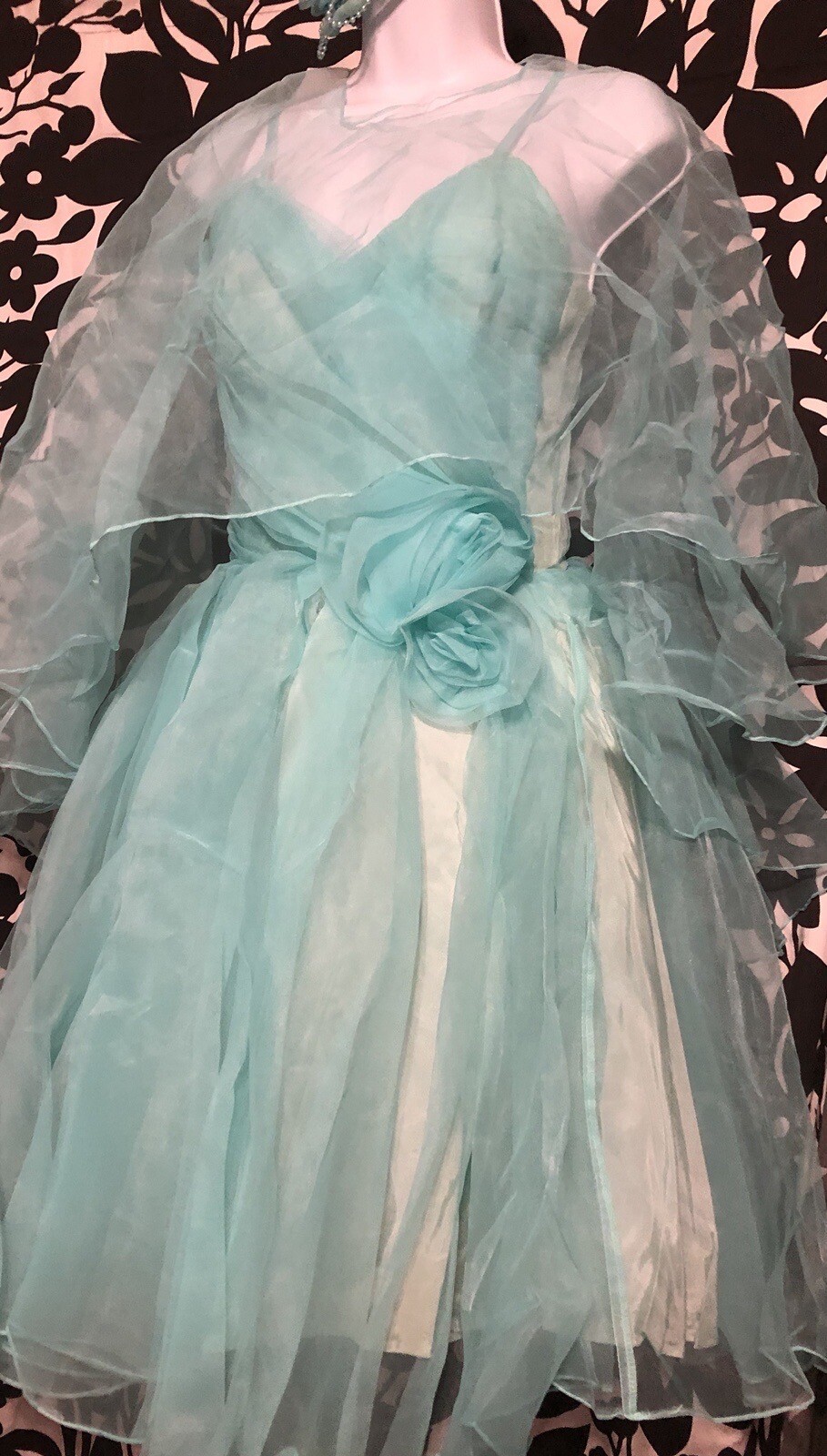 Late 1950s Early 1960s Aqua Party Poof Dress Cape Headpiece