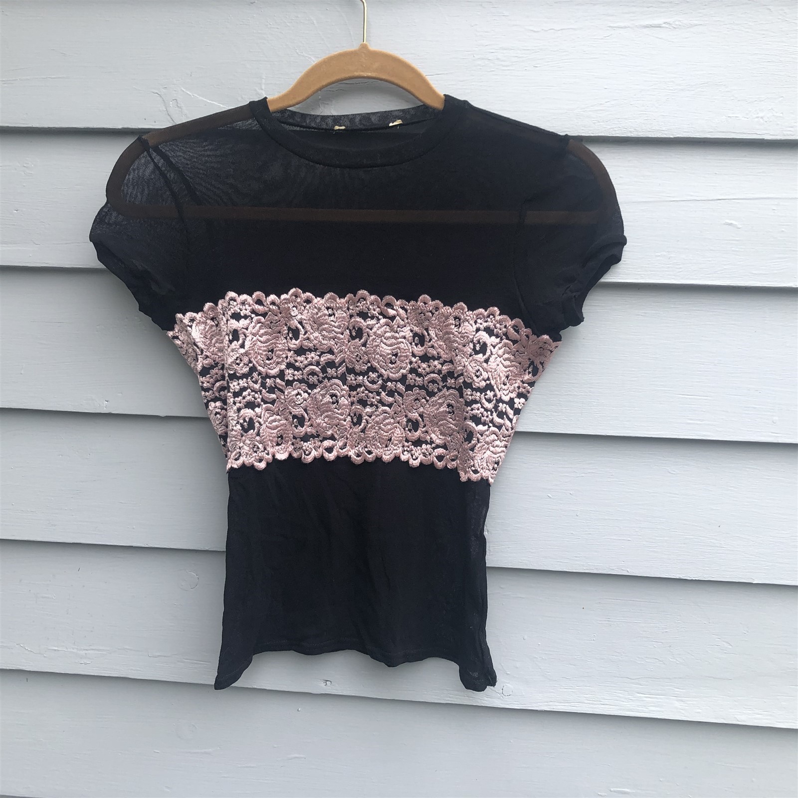 Vintage Black Sheer Mesh Camisole Wide Pink Lace Band Under Layer Garment Small