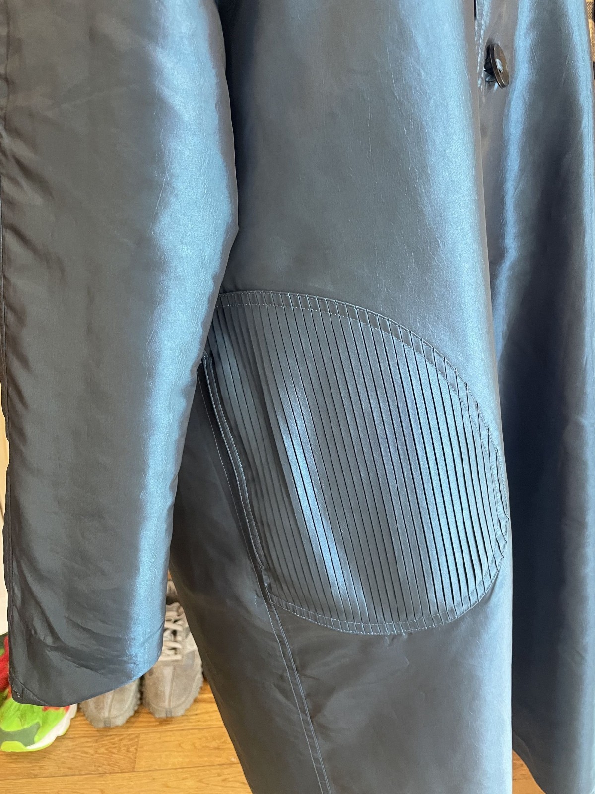 *Reversible* Blue and Black Windbreaker material long trench with pleated hood—M