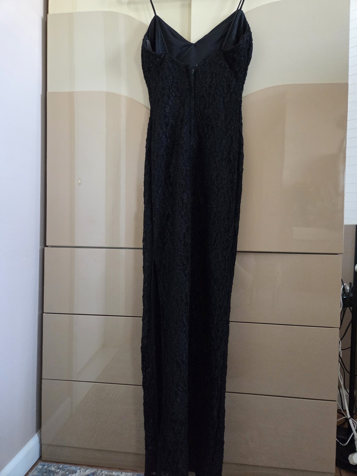 Vintage L.A. Glo Black Lace Maxi Dress Slip Spaghetti Strap Side Slit USA XS/S