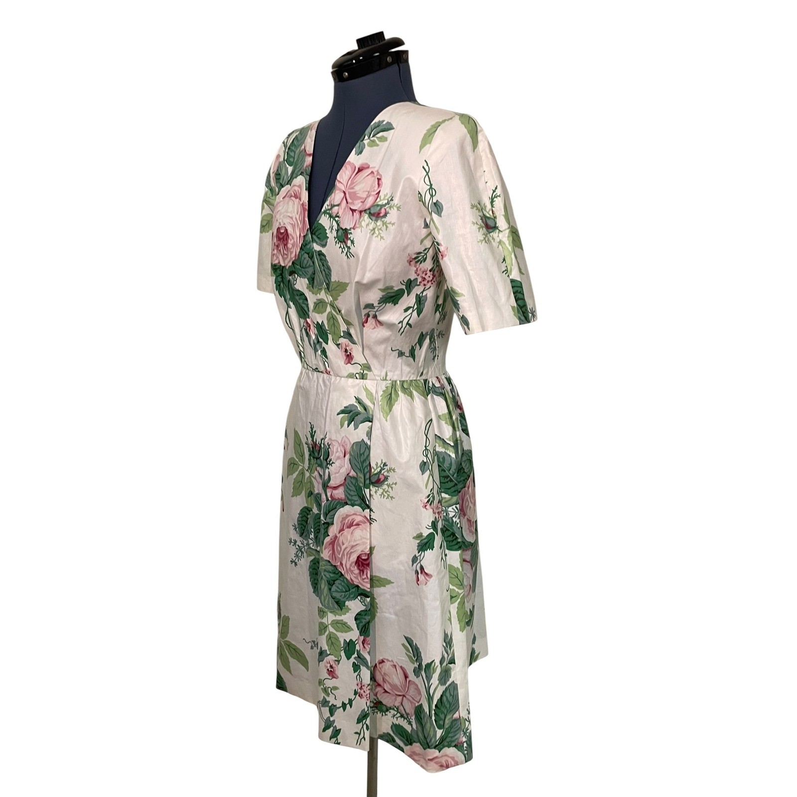 Vintage White Pink Rose Floral Fit Flare Dress Short Sleeve Cottage Romantic 6
