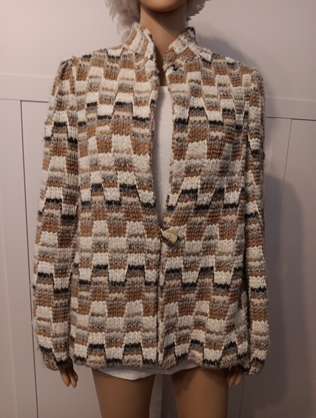 Donnkenny Jacket Womens 12 Beige Gray Mohair Blend Boucle Lined DK Gold Long Slv