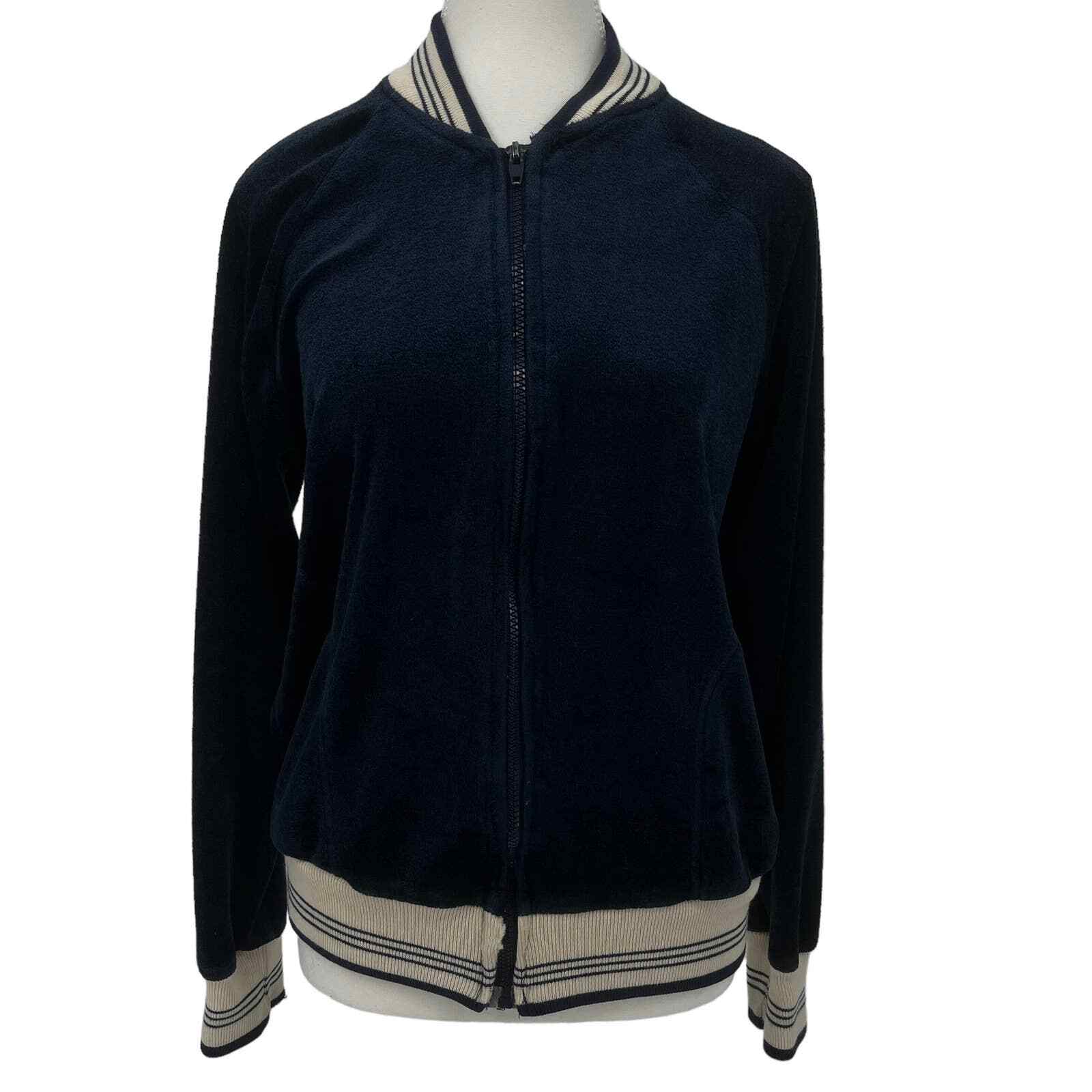 Vintage 70’s Track Jacket Terry Cloth Velour Full Zip Navy Stripe Large