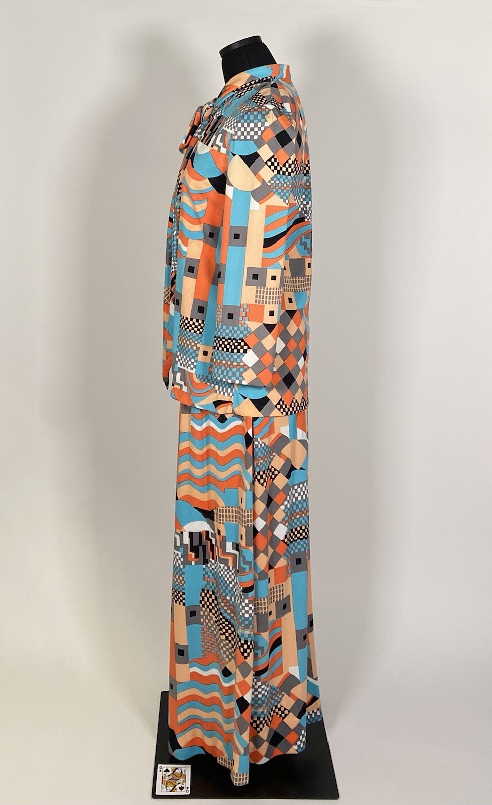 033 1970s Halter dress set, jacket, orange op-art Pat Sandler size XS VG!