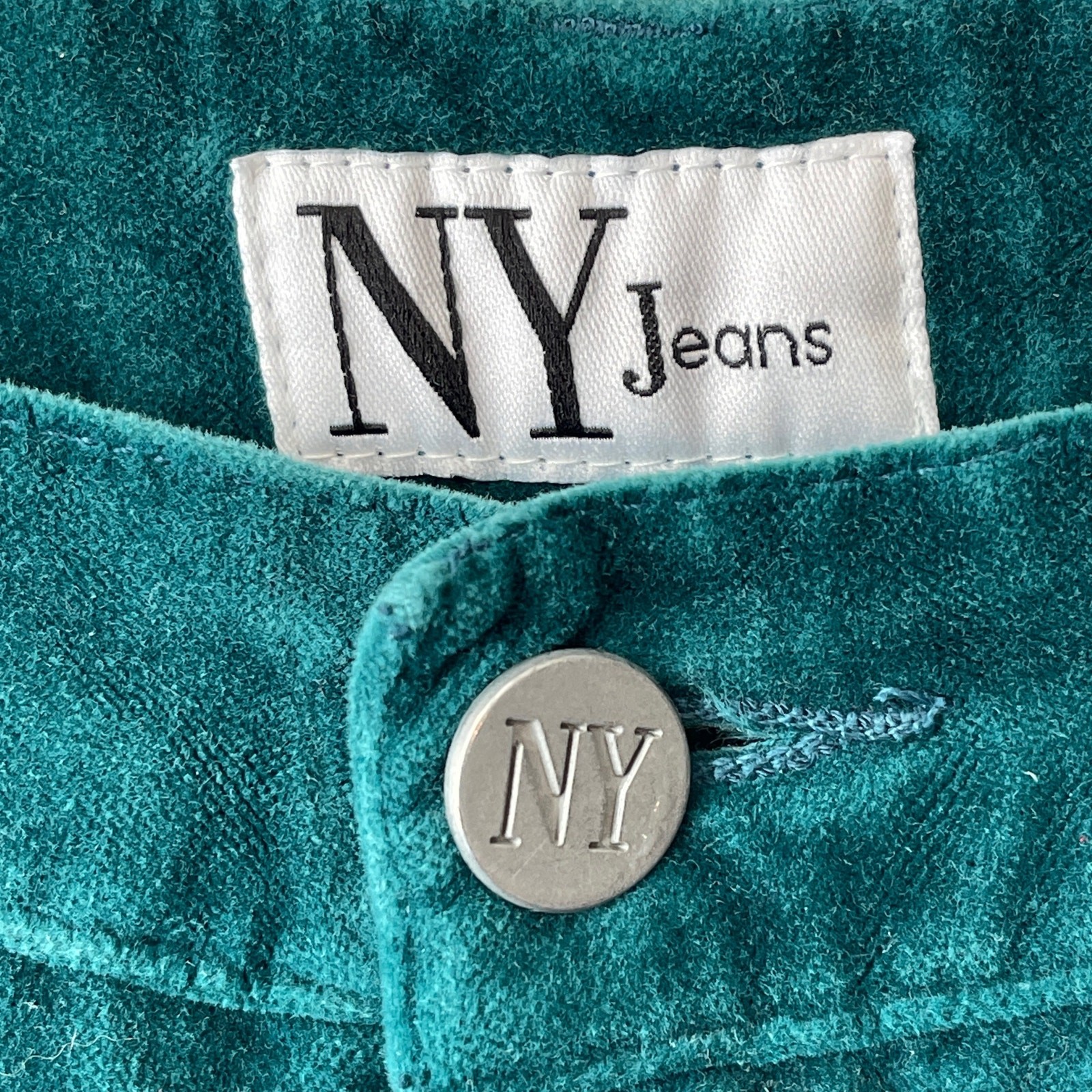 VINTAGE 90s NY Jeans Teal Velvet High Waist Wide Leg 5 Pocket Jeans Size 10 W 30