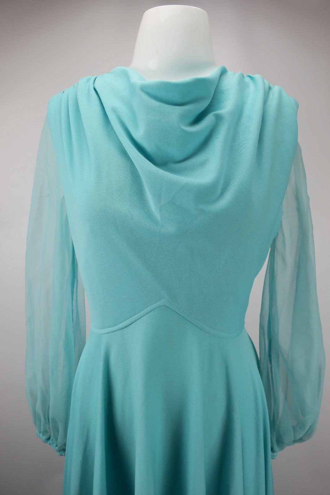 60s Cowl Neck Blue HIPPIE Festival MOD Angel Sleeve House Dress 14 Elegant Miss