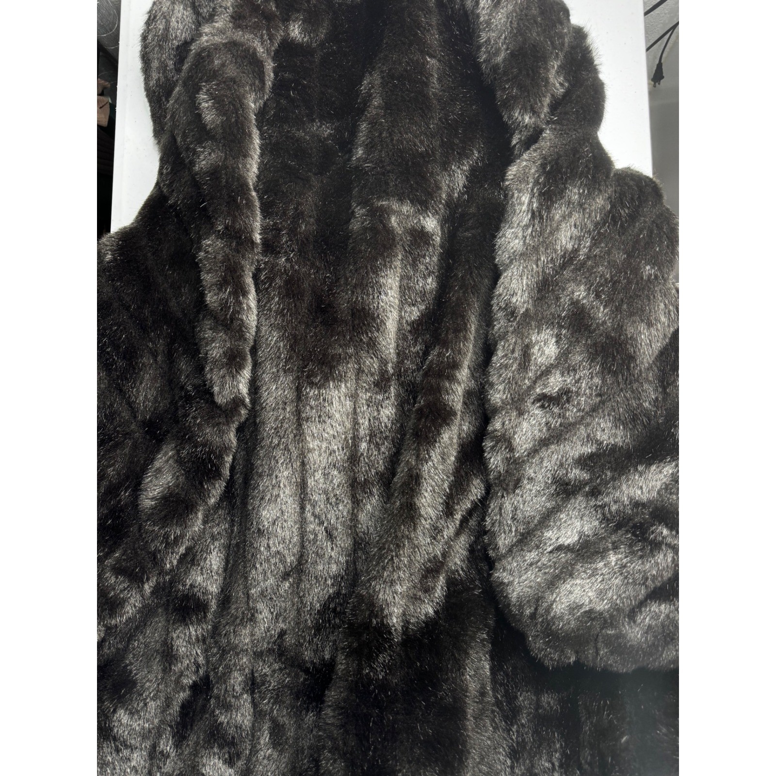 Vintage Monterey Fashions Faux Fur Coat Brown Silver Shawl Collar Size 16 USA