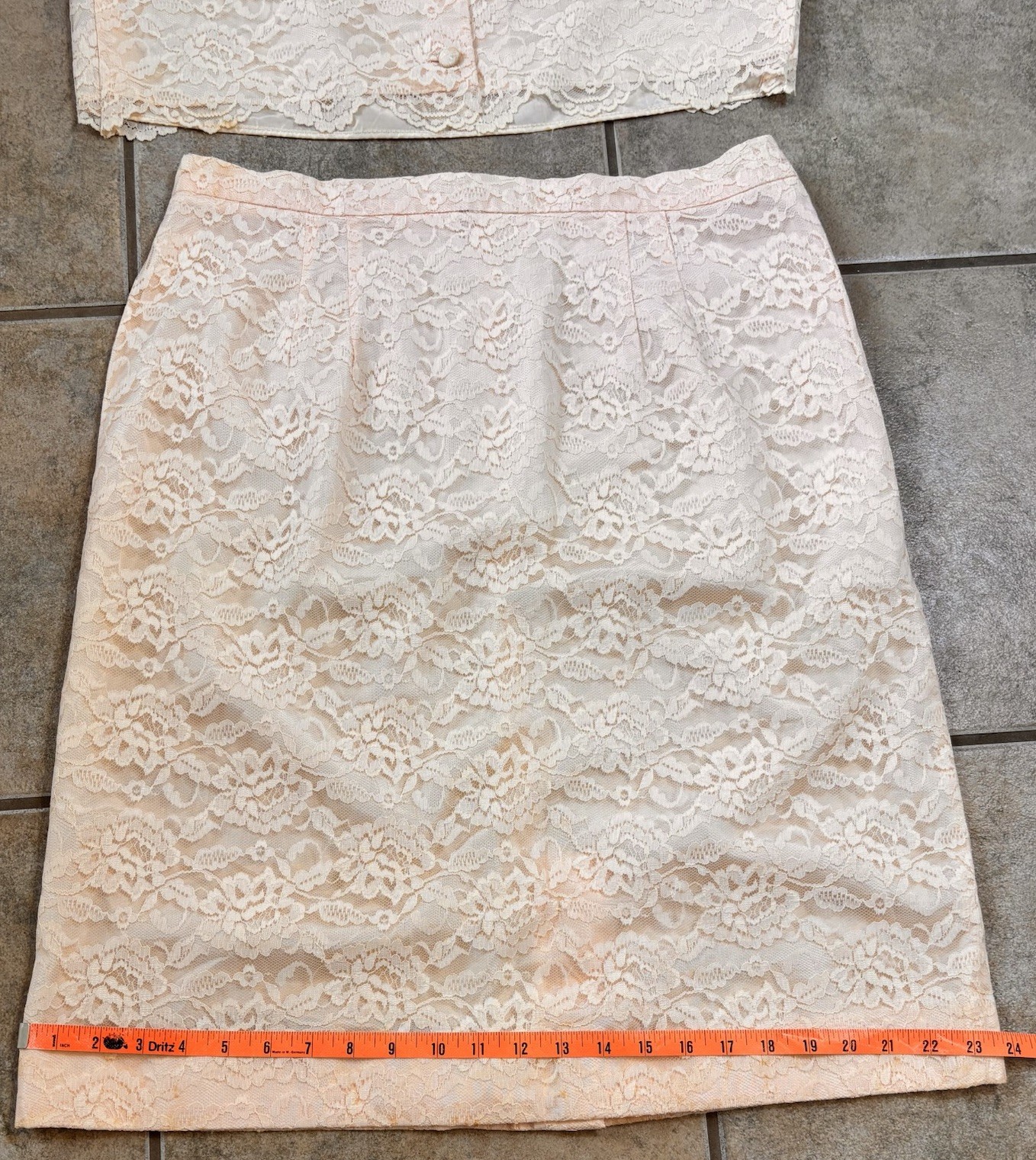 VTG Sears Fashion 2 Piece Lace Overlay Set Skirt & Top Pale Peach Lined Sz 12/14