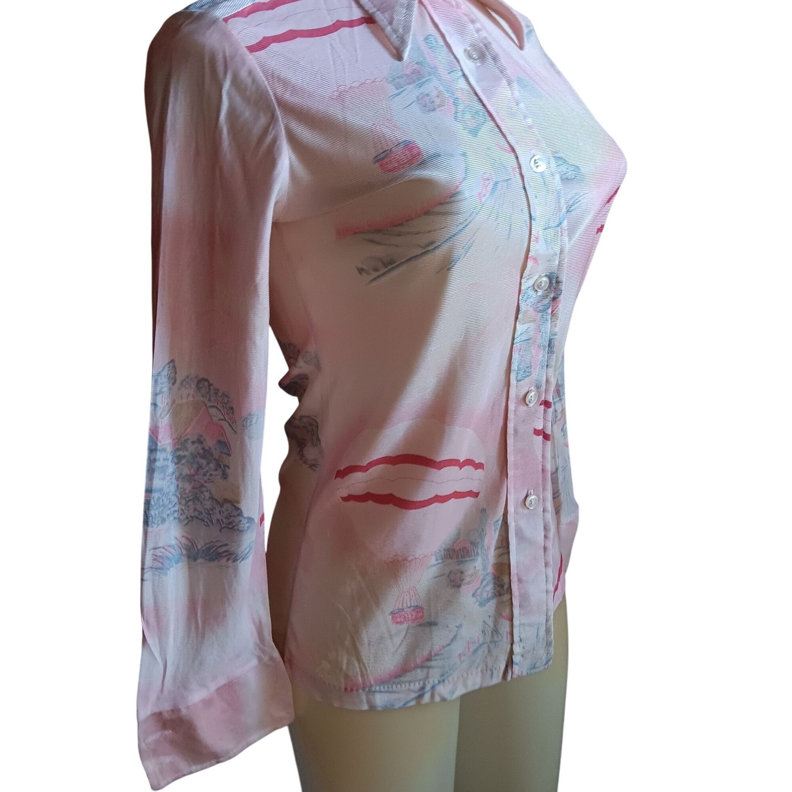 True Vintage Boho Top Medium 1970s Pink Hot Air Balloon Disco Mod Collar Acetate
