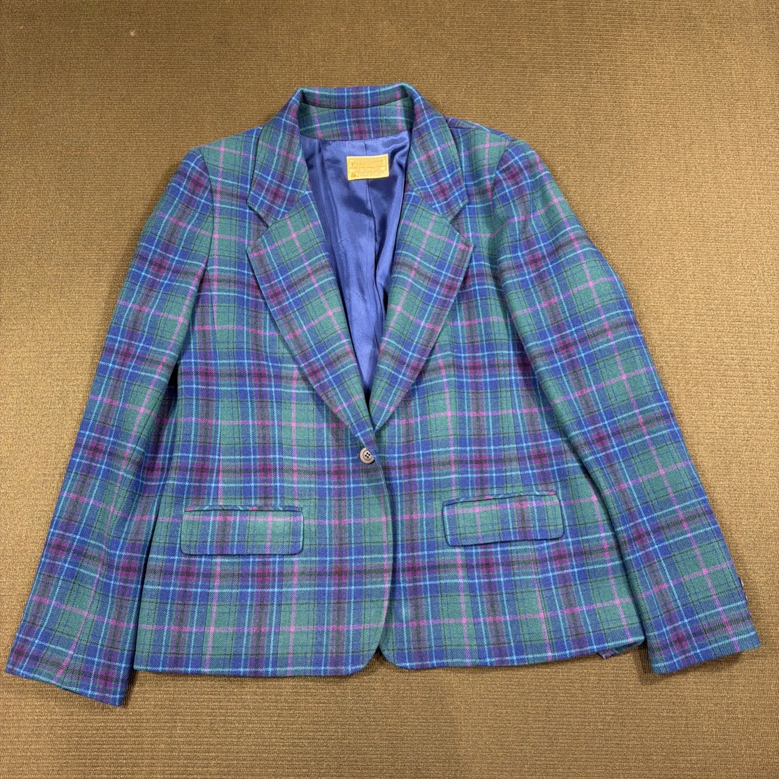 Vtg Pendleton Women’s Purple Green & Blue 100% Virgin Wool Plaid Blazer Size 16