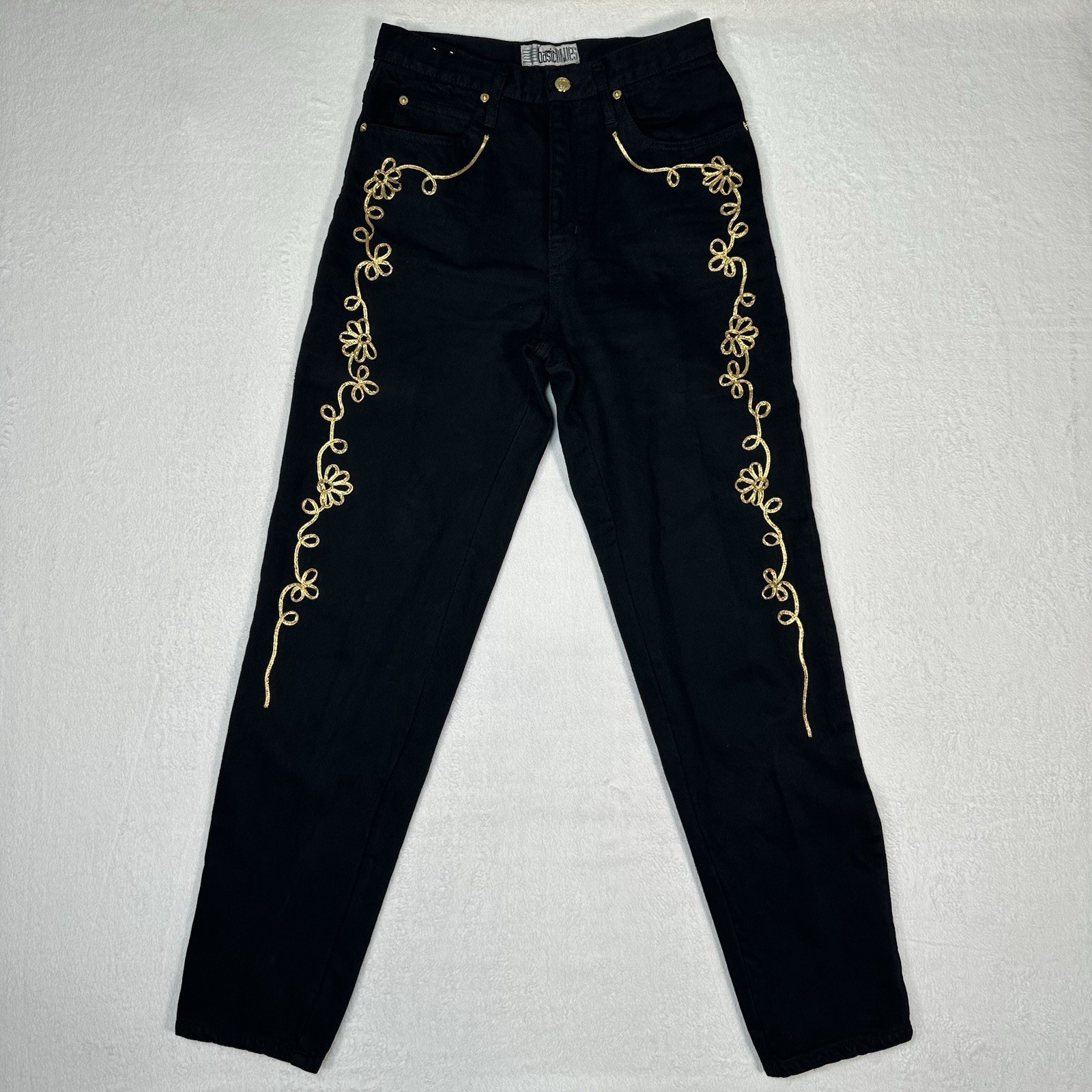 VTG 90s Basic Blues Black High Waisted Mom Jeans Gold Floral Embroidery Size 9