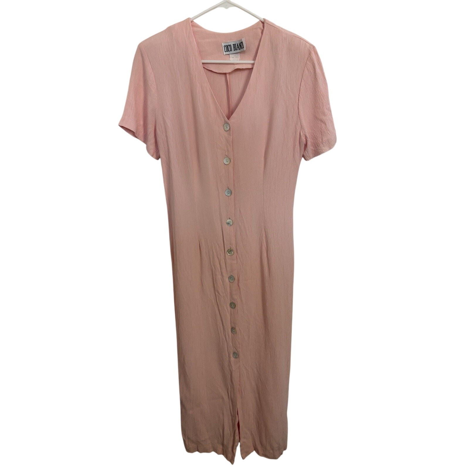 Vtg 90s Peach Crinkle Cottagecore Midi Dress Mother of Pearl Buttons Medium