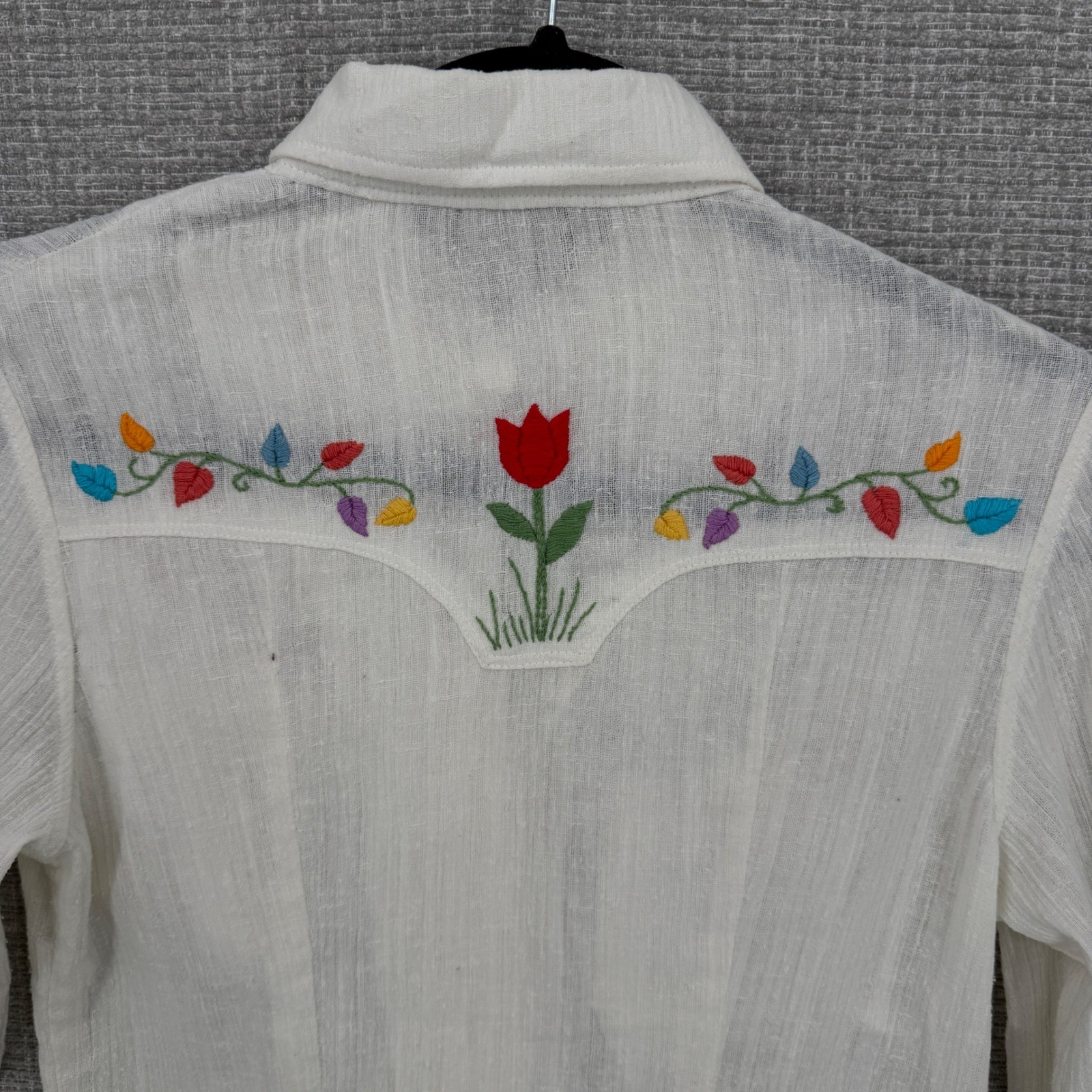 Vintage 70’s Hand Embroidered Western Button Up Shirt Women M White Cottage Boho