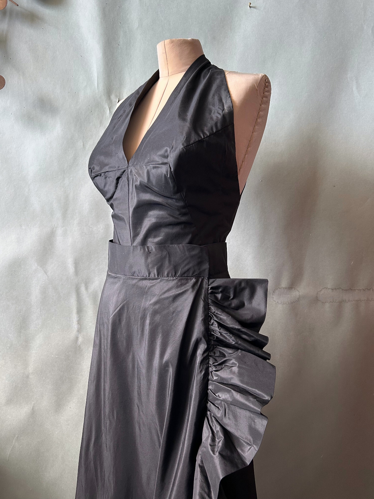 Vtg 1960s Flamenco Style Party Dress Black Halter Busty Cocktail Glam sz S M