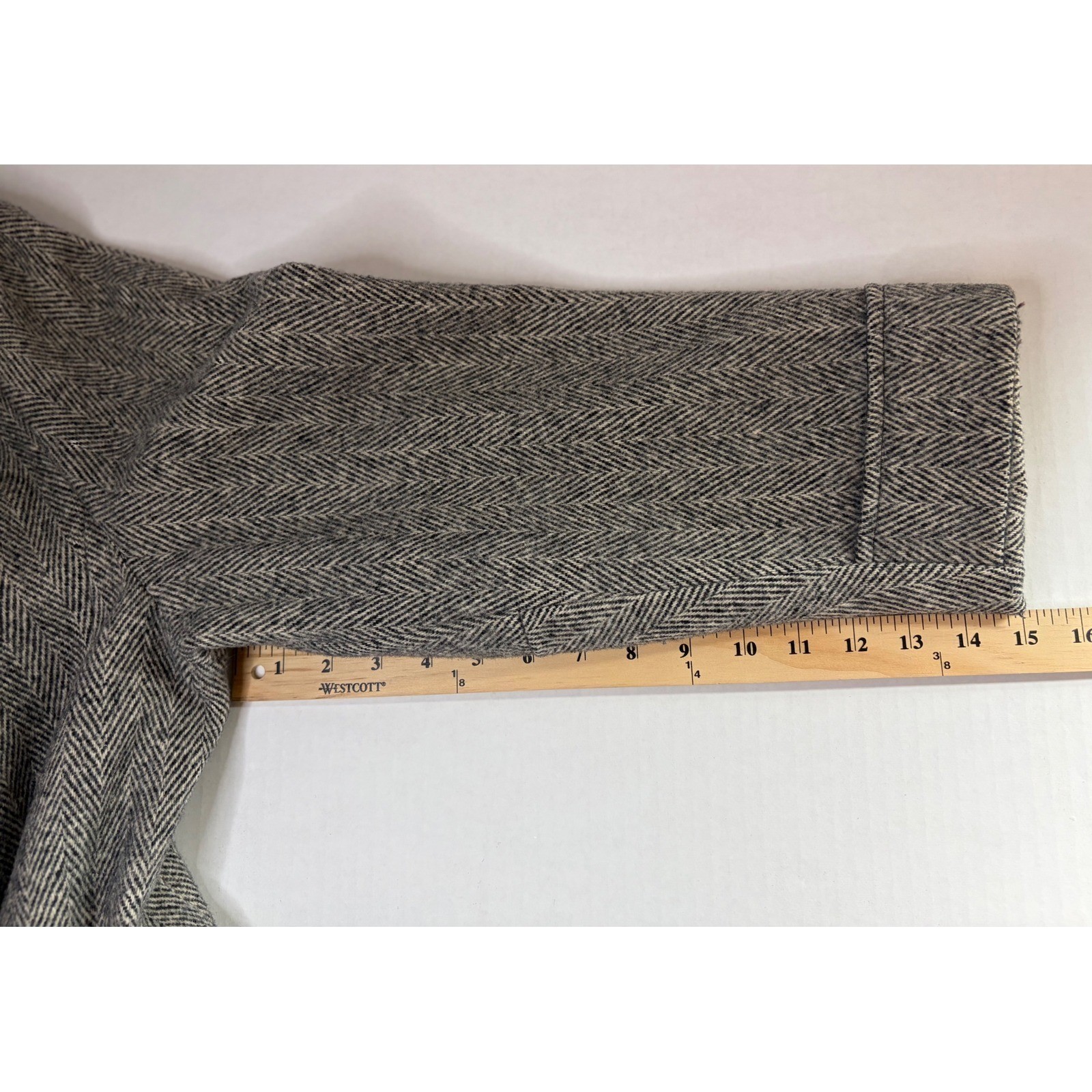 Vintage Made in USA Herringbone Coat Velvet Collar Gray Longline Overcoat
