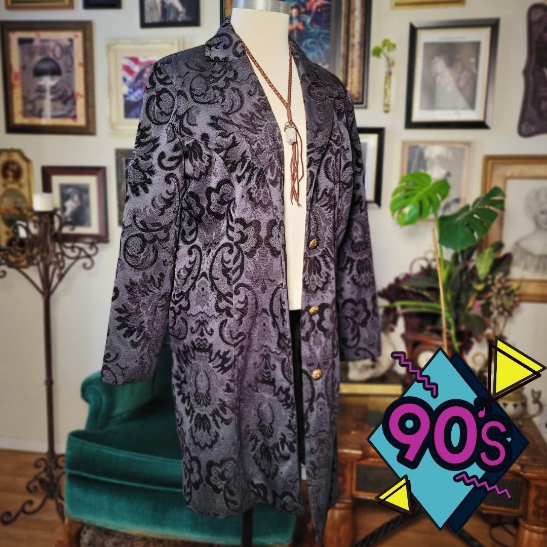 Erin London Damask Coat Vintage 90s Tapestry Grey Black Brocade Long Jacket M