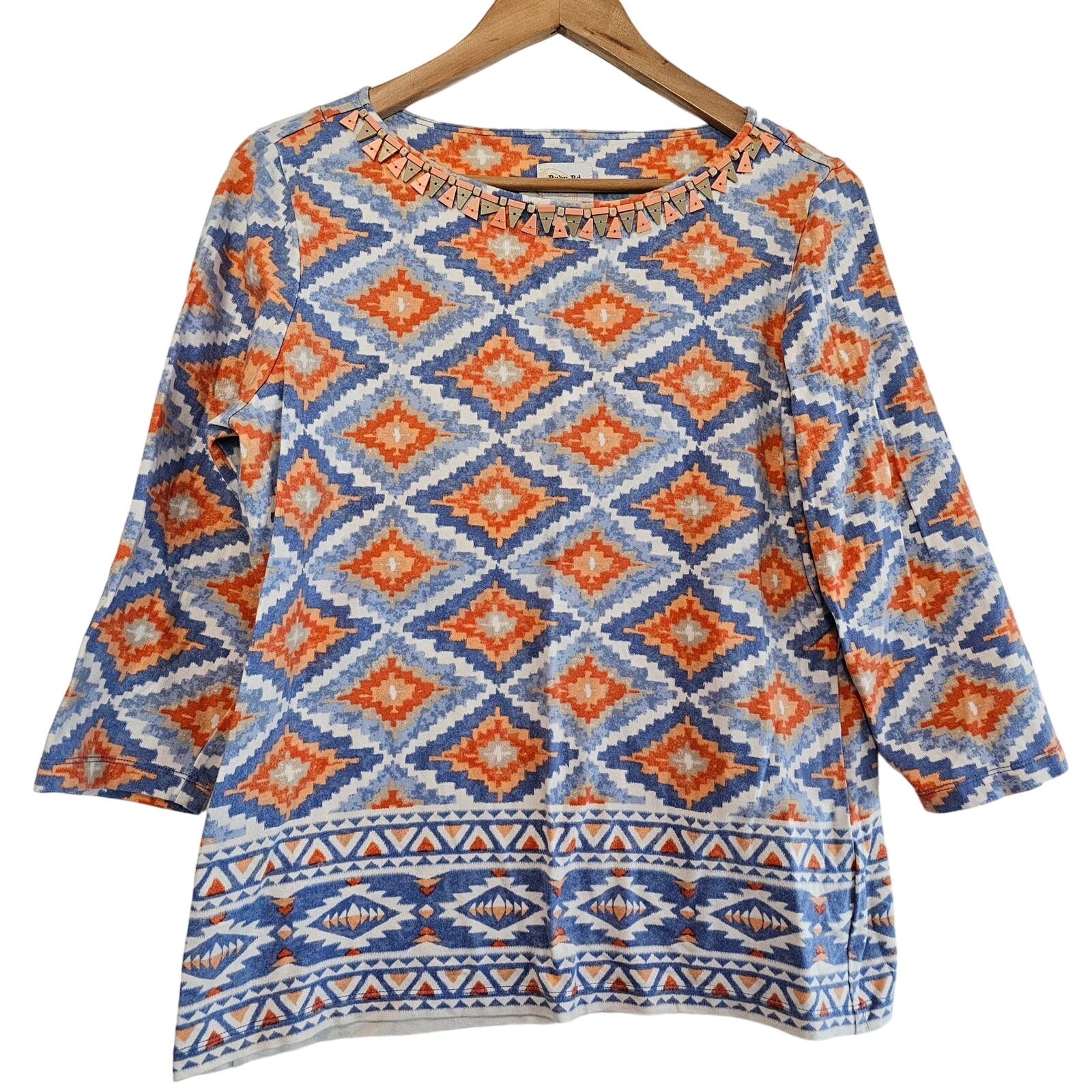 Vintage Ruby Rd. Blouse Womens Medium Blue Orange Geometric Beaded Stretch Y2K