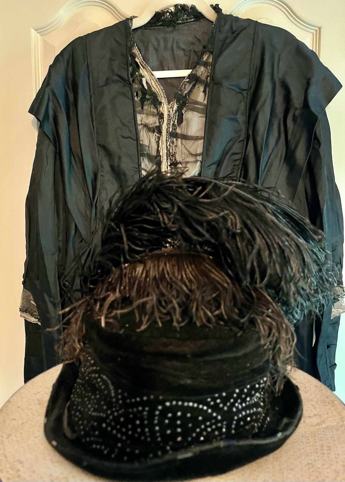Antique 1917 Black Edwardian Satin Dress & Feathered Hat Set