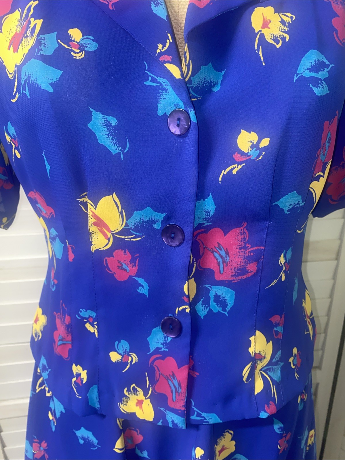 Vintage 80s JOHN RICHARD Dress Set Skirt Blouse Blue Floral Juniors 9/10 Medium
