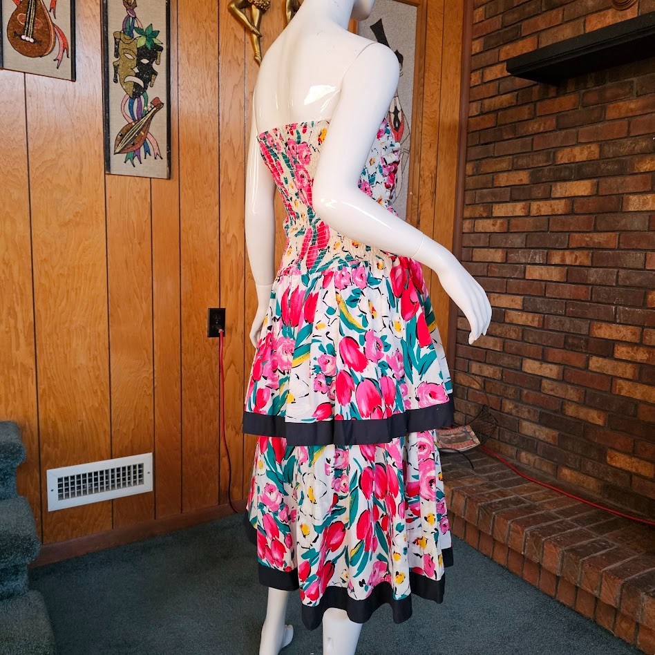 Vtg 1980s Strapless Tulip Floral Cocktail Garden Party SATC Prom Tea Dress S/M