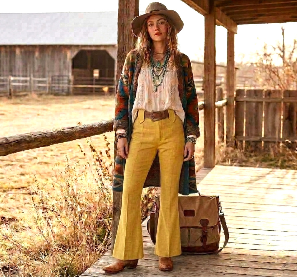 vtg 70s SUNSHINE YELLOW Lasso Western Ranch Women Flare Pants Cowgirl Rodeo