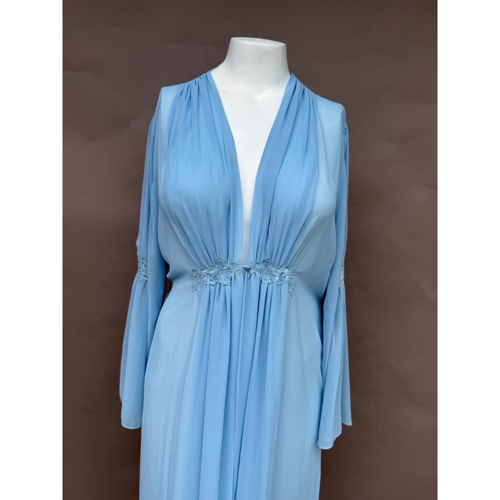 Vintage Blue Sheer Chiffon Maxi Robe Lace Bell Sleeve Button Hollywood Large