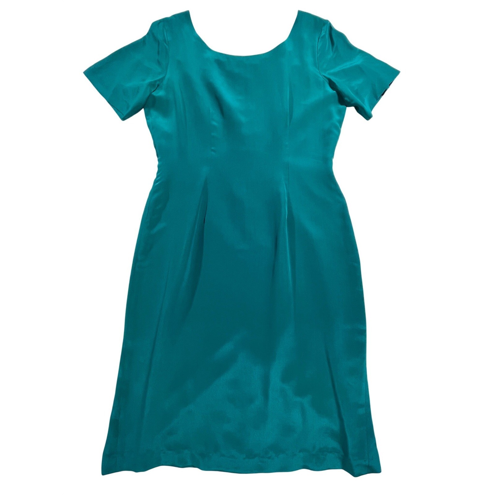 Vintage 1990s Peacock Teal 100% Silk Dress Sz 10 Minimalist Sheath Jewel Tone