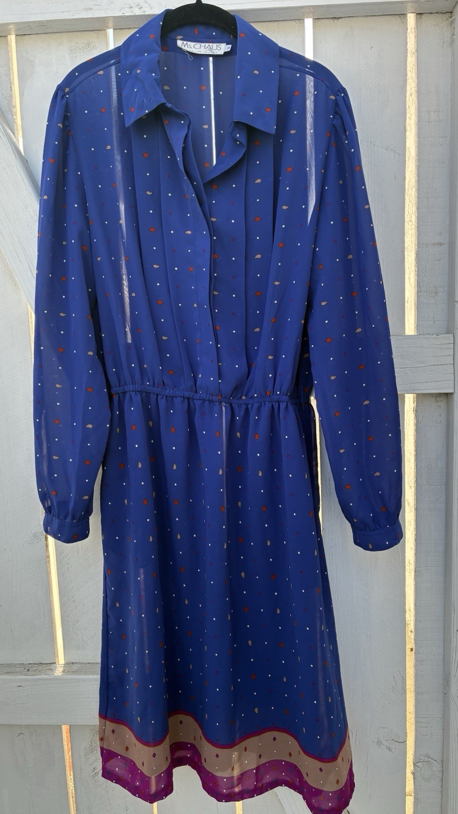 Ms Chaus Vintage Women’s Dress Blue Purple 80s Retro Long Sleeve Casual Sz 16