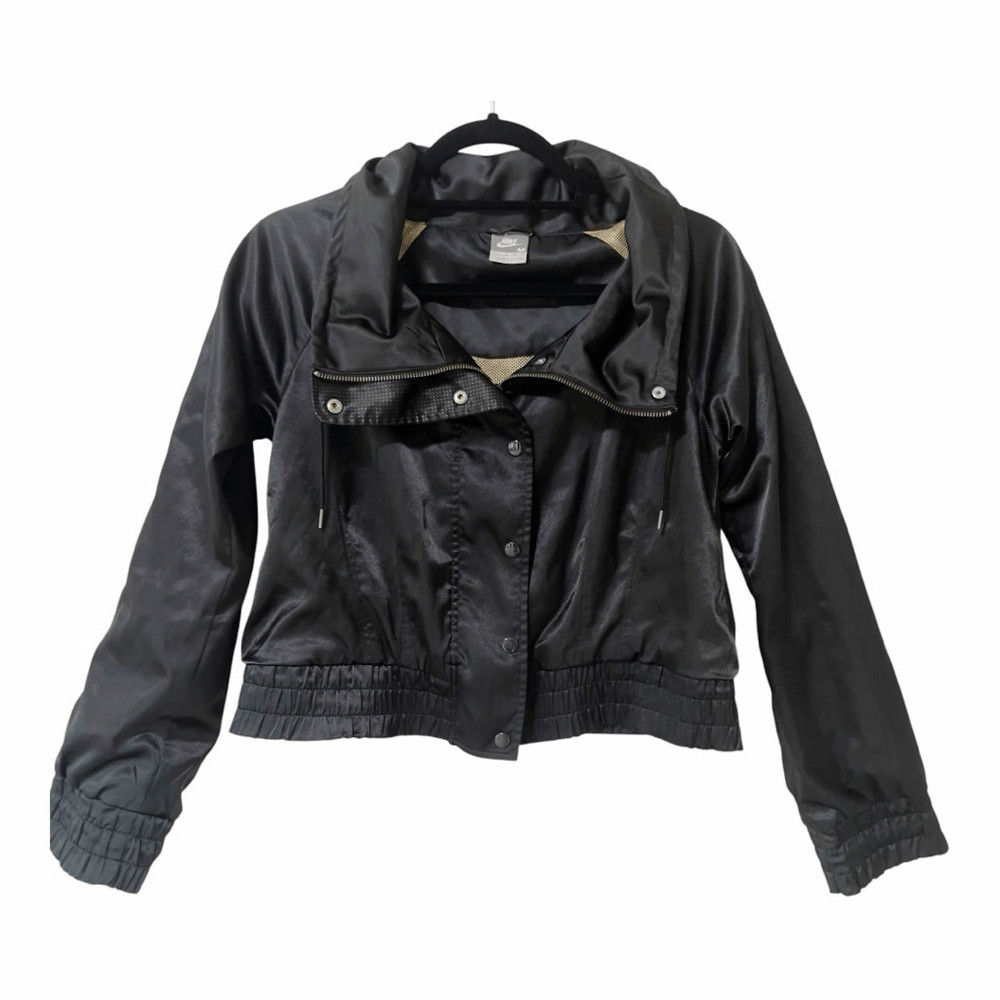 Nike Women’s Black Satin Crop Sportswear Casual Full Zip Bomber Jacket Sz Medium