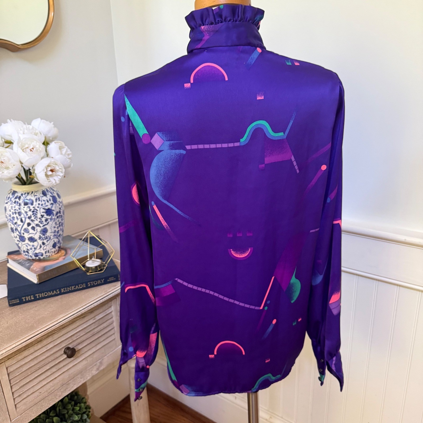 Hanae Mori Vintage Purple Geometric Abstract Ruffle Neck Satin Blouse Size 8