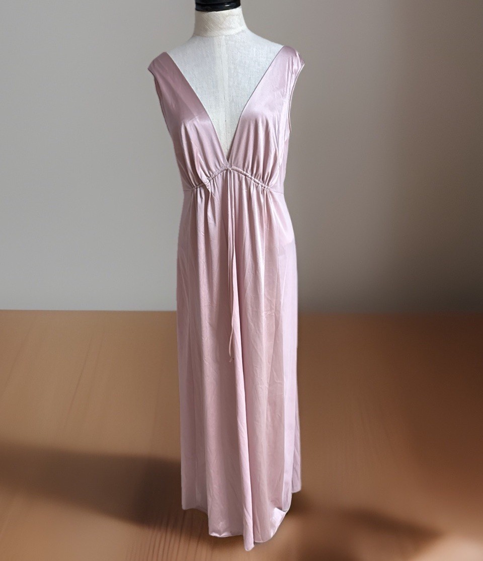 VTG 60s Vanity Fair Pink Nylon Nightgown Maxi Dress 34 Grecian Empire Waist USA
