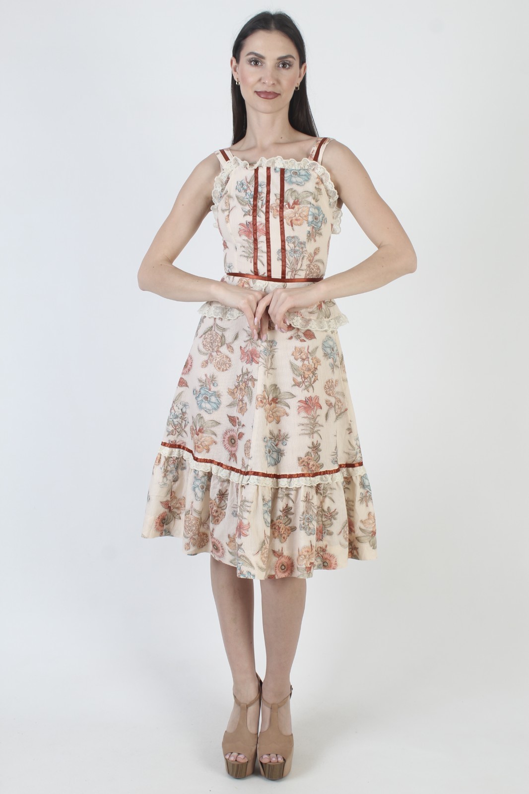 Vintage 70s Peplum Sundress Prairie Cottagecore Boho Wedding Peasant Mini Dress