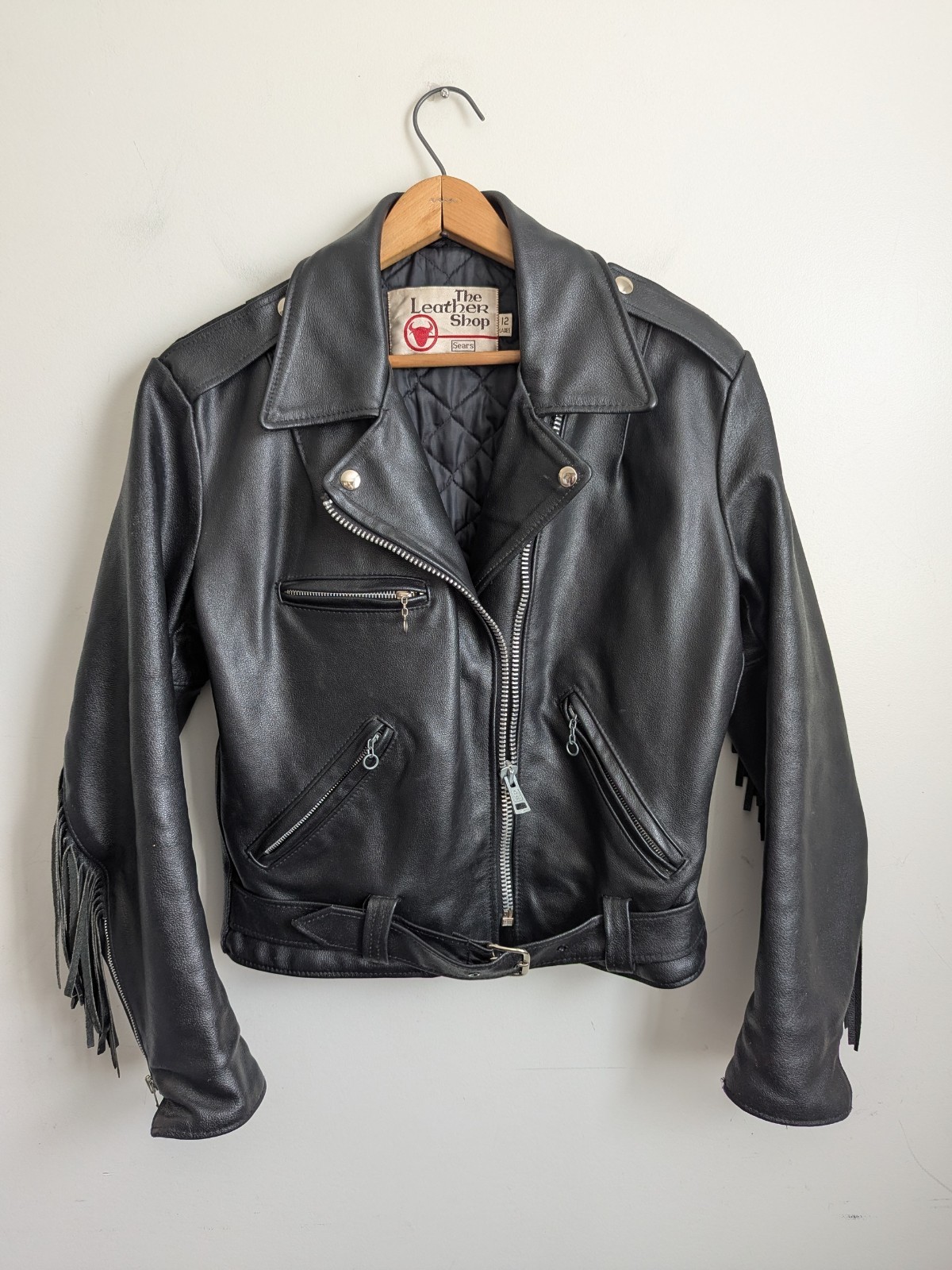 Vintage 60s Sears Black Leather Biker Moto Jacket Belted Fringe Womens S M Punk