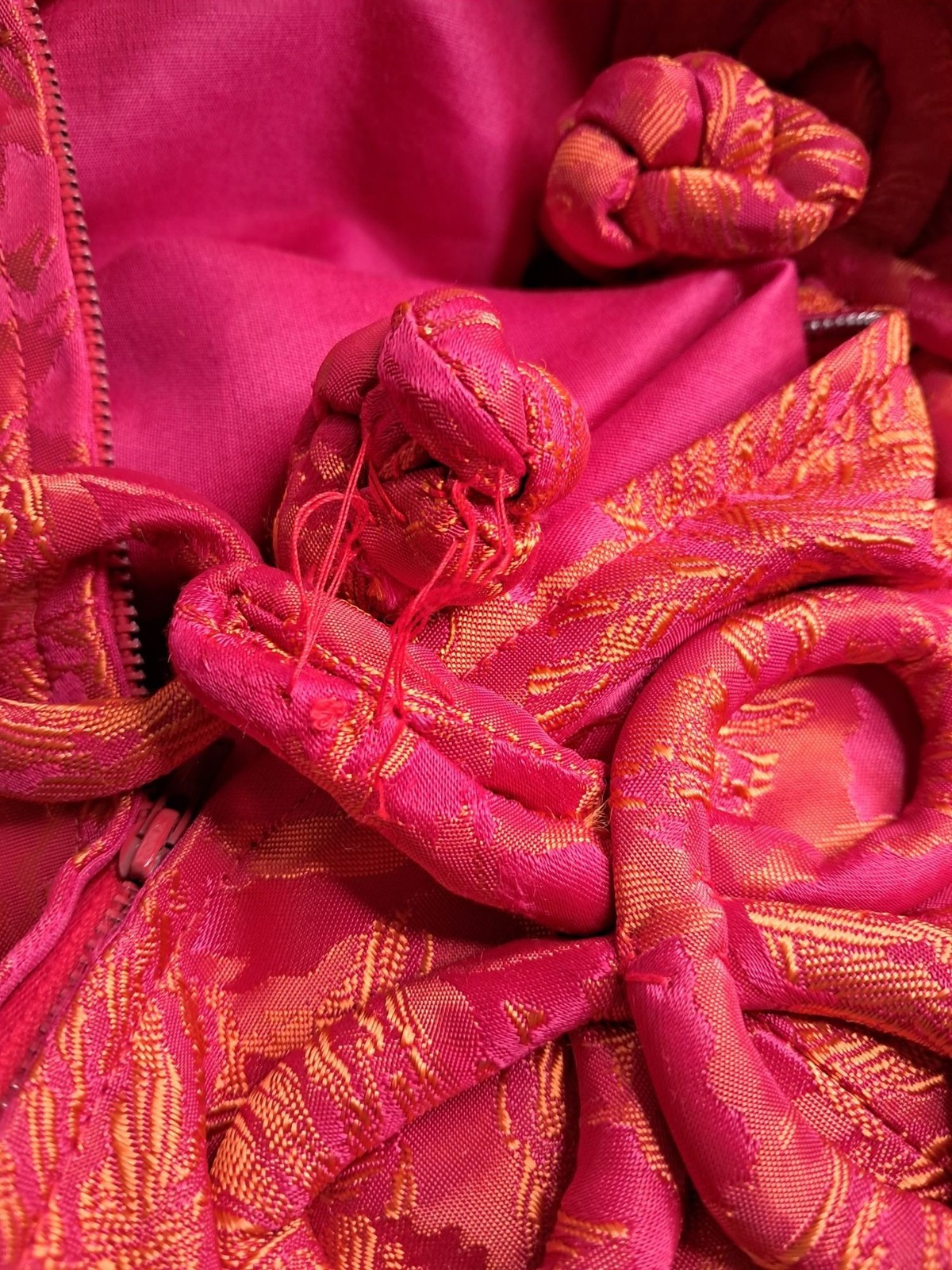 Vintage Pink & Orange Brocade Kimono Dress With Mandarin Collar Frog Buttons Hel
