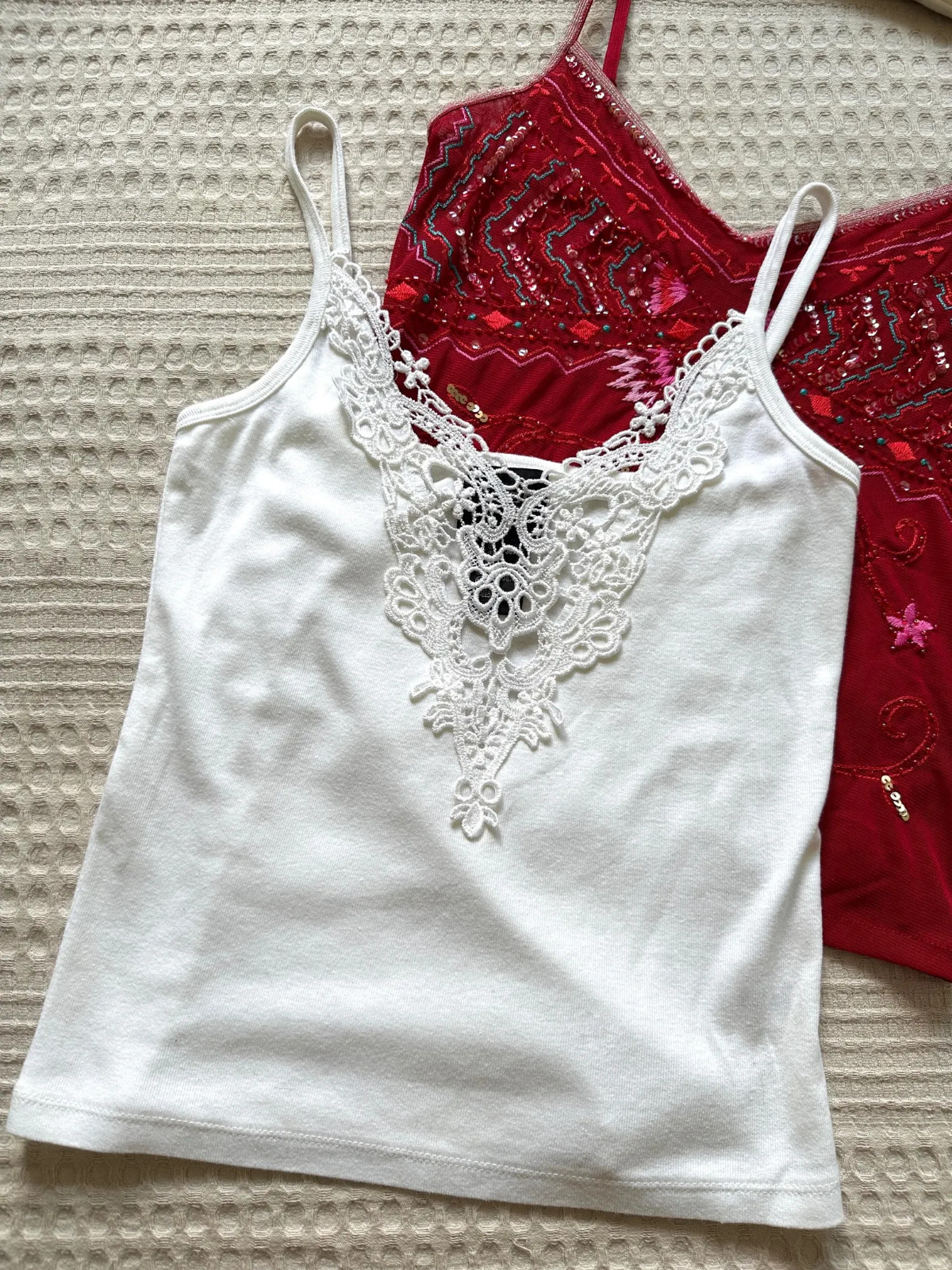 Vintage 2000s White Cotton Cami Top, Lace Trim, Y2K Crochet Guipure Camisole