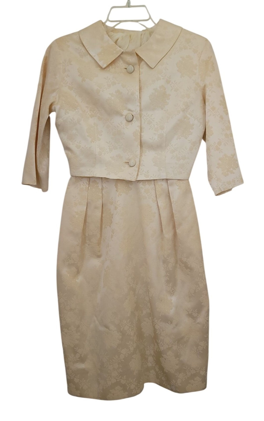 Vintage 50s/60s Ivory Brocade Floral Jacquard Dress & Cropped Jacket Set S/M