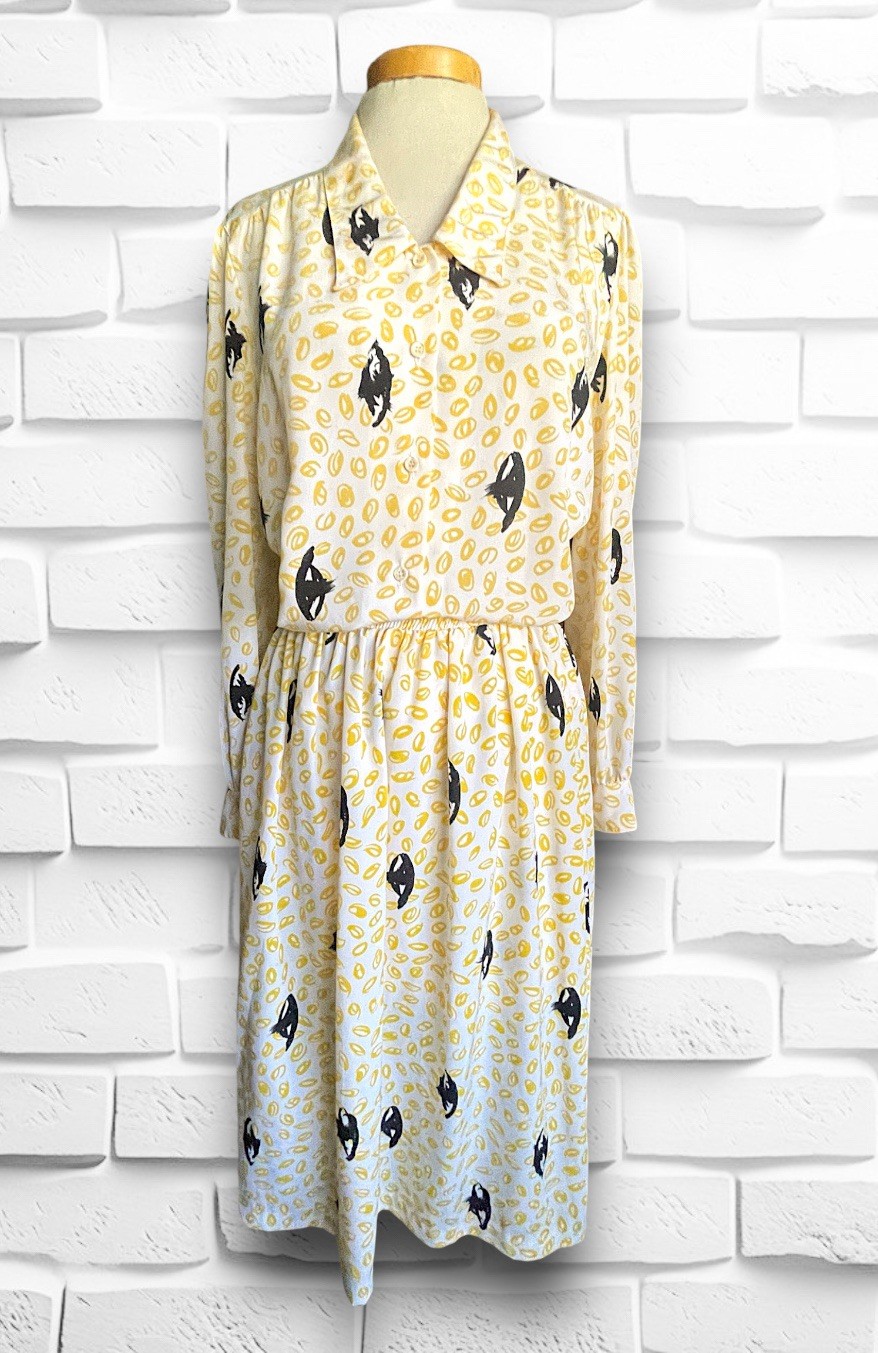 Vintage 1970’s Abstract Yellow & Black Matching Skirt & Shirt Outfit Set
