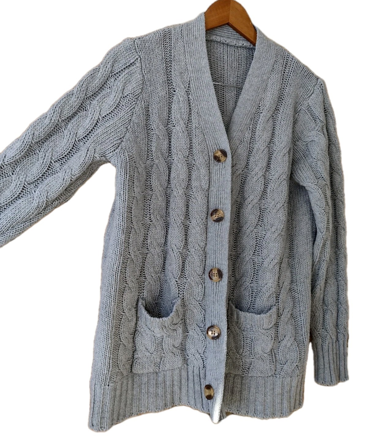 Hand Knit Gray Cable Knit Sweater Wool Blend Artisan Made Chunky Fisherman M/L