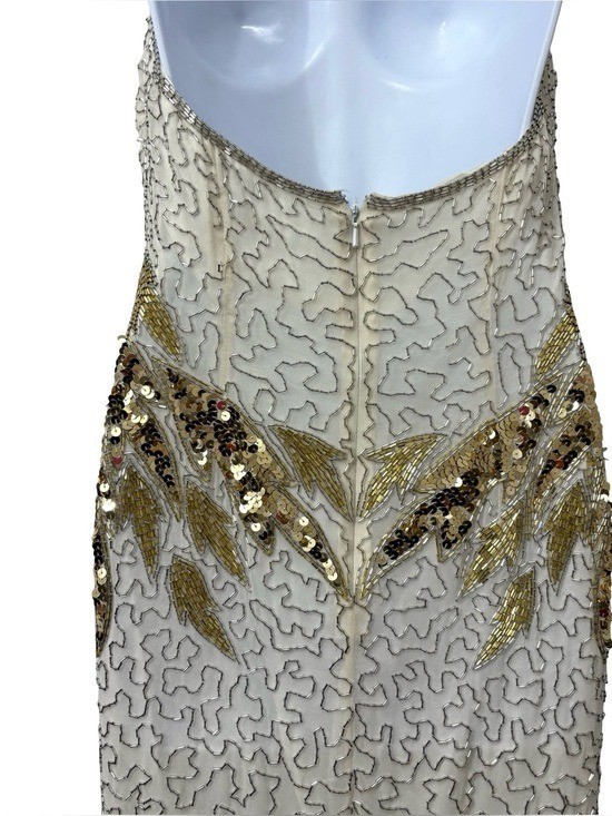 VTG NITE Lime 100% Silk Beaded 90s Showgirl Sequin Beige Gold Dress Size 8