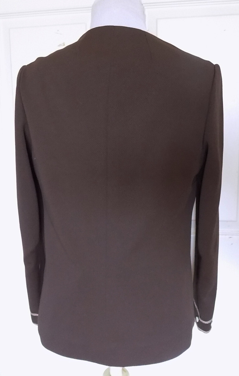 Vintage Brown Polyester Knit Jacket White Trim Judy Wayne B36