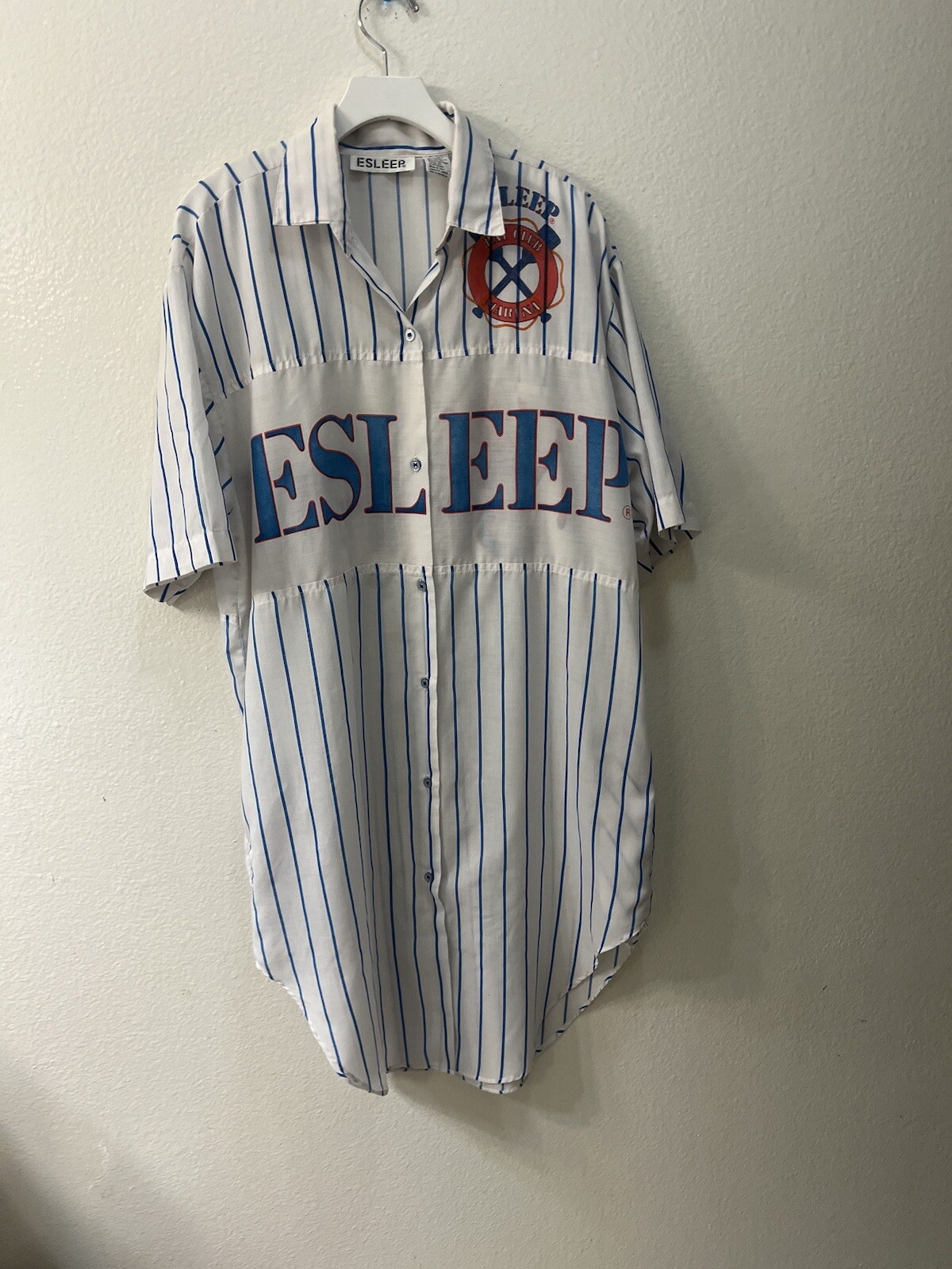 ESLEEP Bay Club Marina Blue Striped Button Up Pajama Shirt Womens One Size.