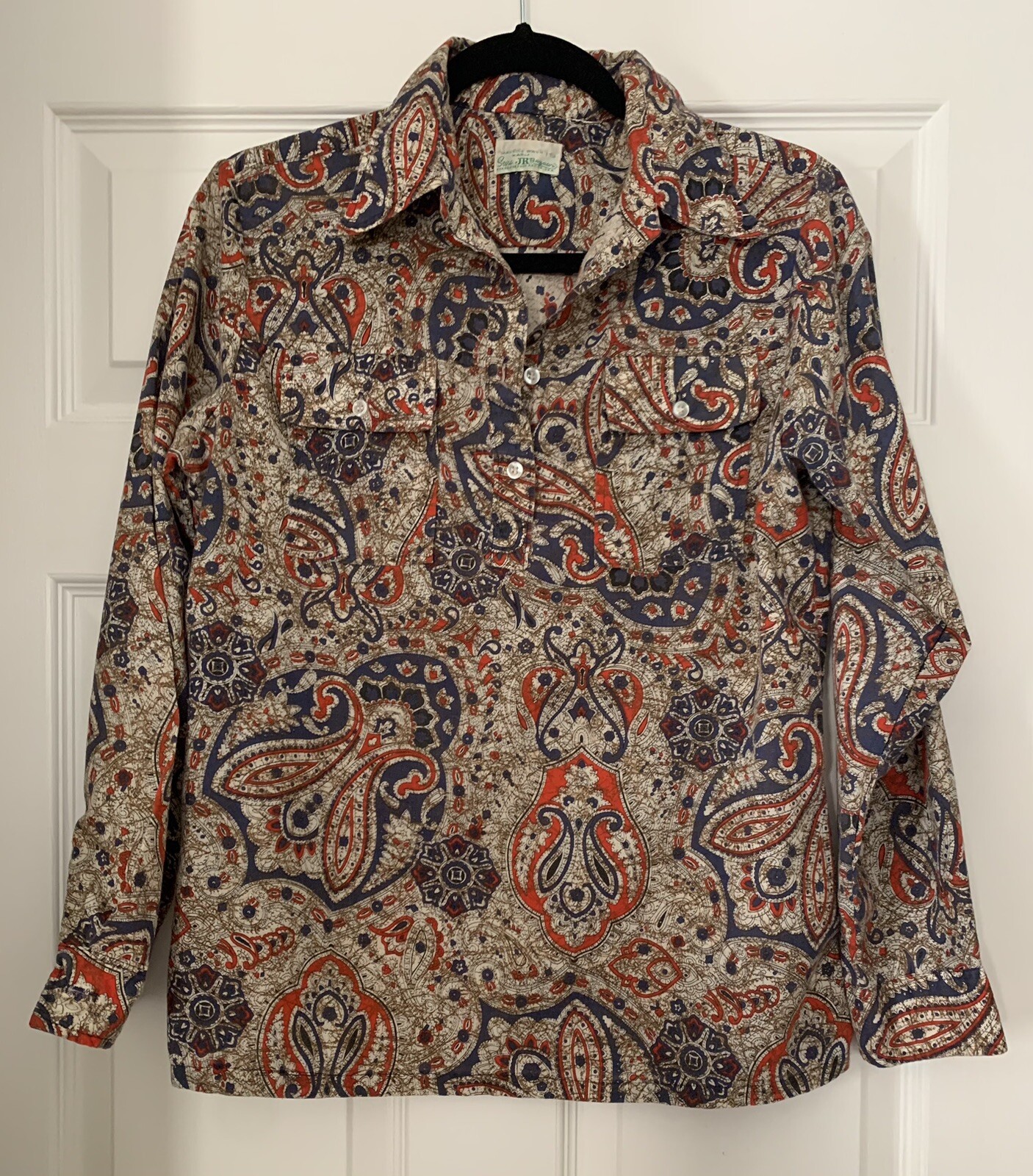 Vtg Womens Blouse Sears JR Bazaar Light Brown Paisley Print Long Sleeve Sz M