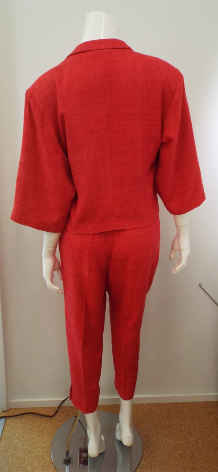 Vintage 1980s KENZO Red Silk Suit Cropped Blazer Jacket & Pleated Pants 38 Small
