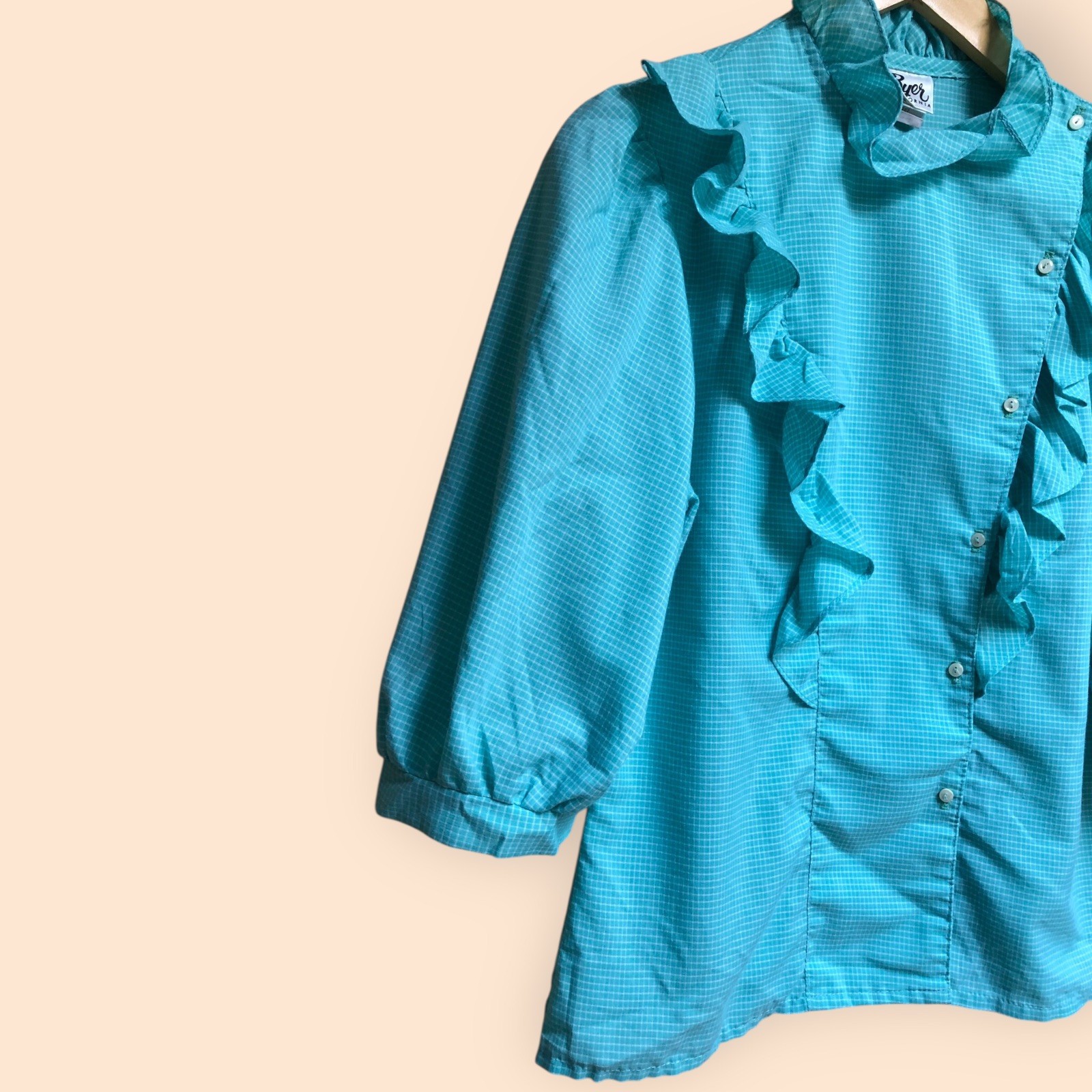 Vintage 60s/70s Byer California Retro Teal Ruffled Button Front Blouse Women’s L