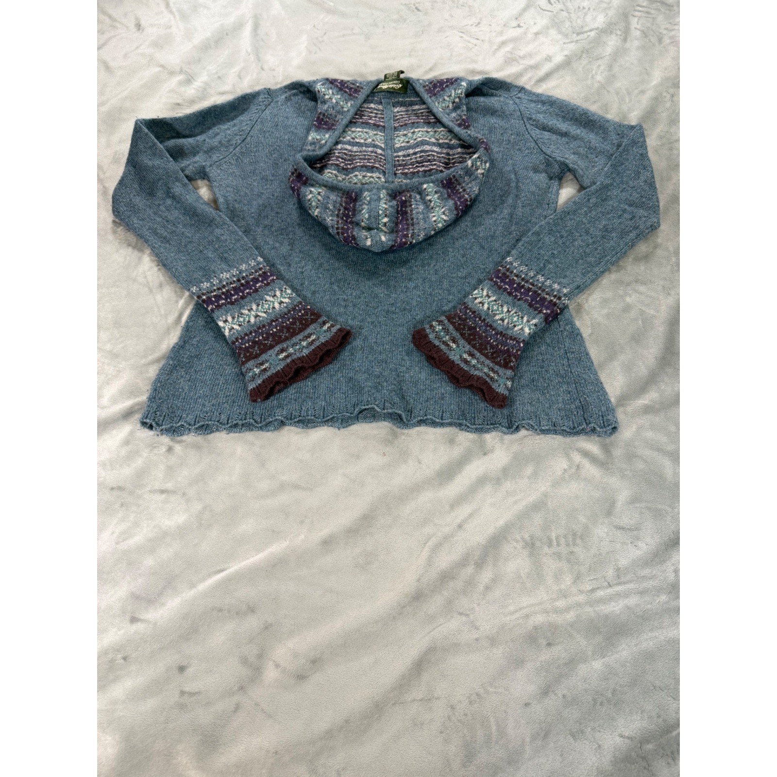 VTG Eddie Bauer Sweater Womens M Blue Lambswool Angora Cashmere Fair Isle Hoodie