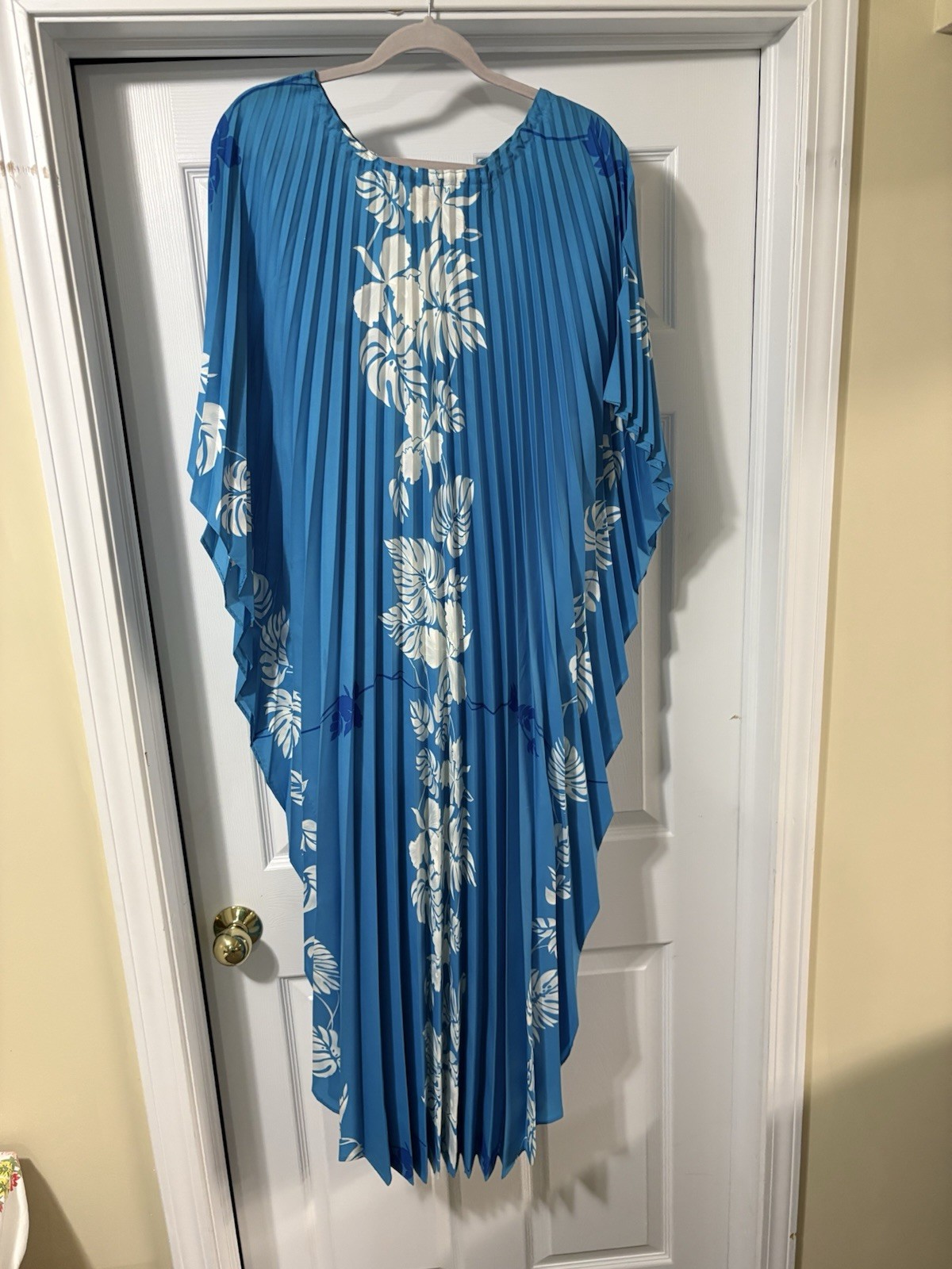 Resort Line Vintage 70’s Hawaiian Caftan Pleated Blue Dress One Size